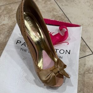 Paris Hilton Tan Peep Toe Heels with Bow with shoe box
